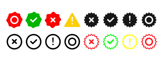 Collection of check mark, cross mark, exclamation point, and circle status icons in colorful starburst badge vector shapes. © ALHAMRA