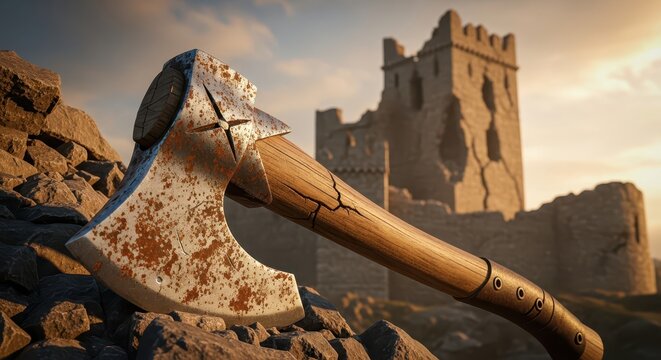 Close-up of a rusty medieval battle axe with a wooden handle, set against a backdrop of ancient castle ruins and a dramatic sky