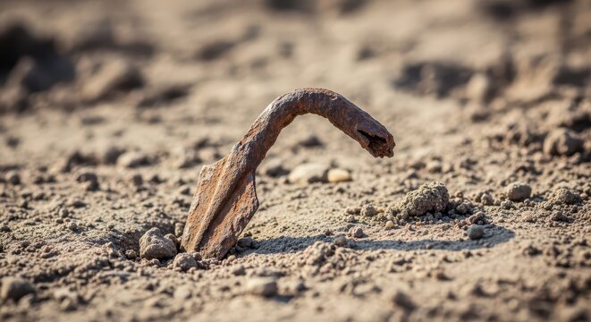 Close-up of a rusty metal object, possibly a shovel head, partially buried in dry, cracked earth outdoors