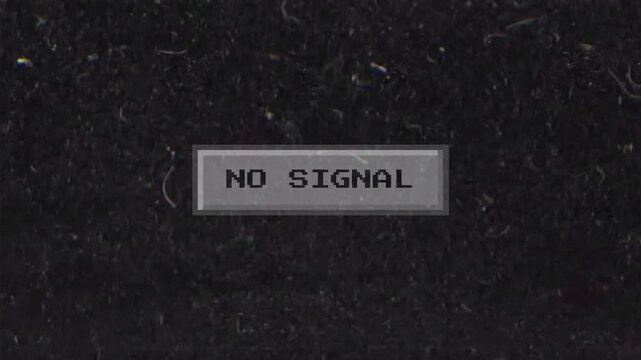 A 'NO SIGNAL' message on a dark screen, consumed by static interference and grainy noise. Represents broadcast disruption, technical malfunction, and lost connection