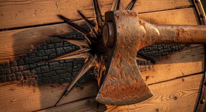 Close-up of a rusty, vintage battle axe embedded in a scorched wooden shield, evoking history and warfare.