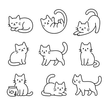 Cute Hand Drawn Cats Collection Set Line Art Doodle Illustration for Prints and Stickers