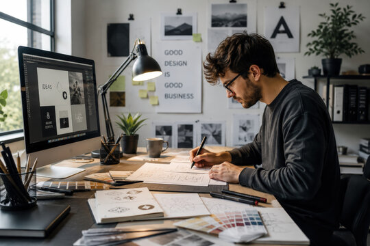 Designer Sketching Architecture Drafts On Wooden Desk In Creative Studio