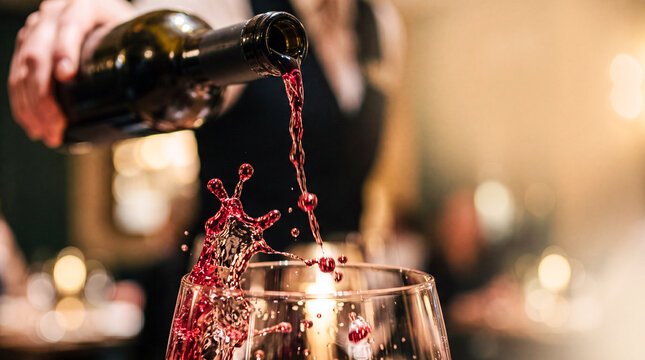 Wine Pour: A sommelier carefully pours rich red wine into a glass, creating an elegant splash as the liquid cascades, hinting at a sophisticated tasting experience.