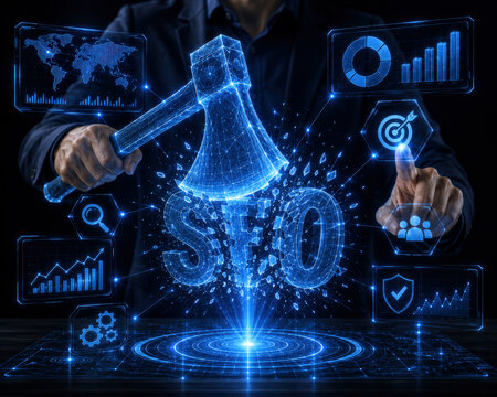 SEO Megaphone Hologram with Performance Charts for Search Optimization, Online Marketing and Traffic Growth