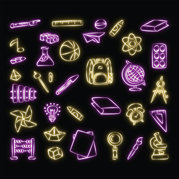Neon school supplies icon set with glowing education line art doodles on dark background for back to school design