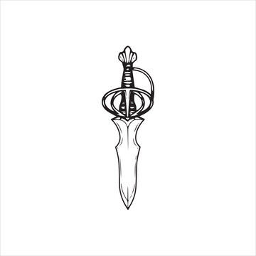 Black and white line art illustration of a vintage pirate dagger with an ornate basket hilt.
