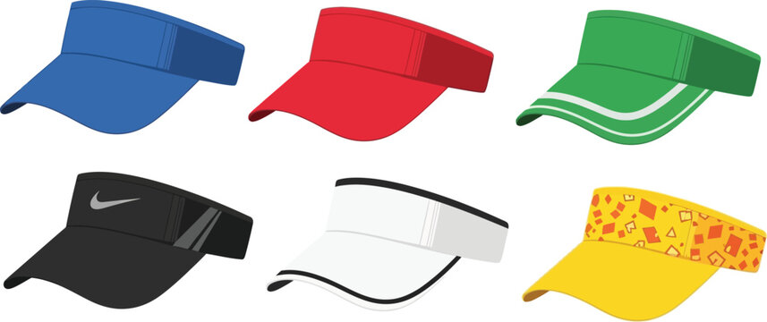 Collection of colorful sports visors flat vector illustrations for athletic apparel and summer fashion isolated on white