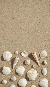 Seashell Assortment on Sand: A curated collection of diverse seashells and spiraled snail shells are artfully arranged on a warm, sandy beach.