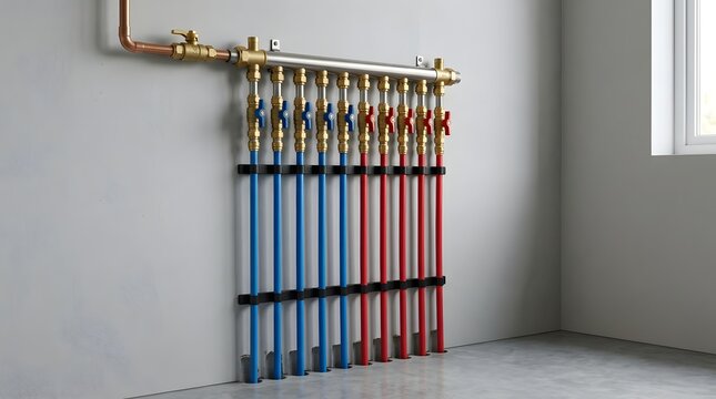 Professional manifold installation with blue and red water lines running into floor slab showing residential radiant heating system setup in modern construction.