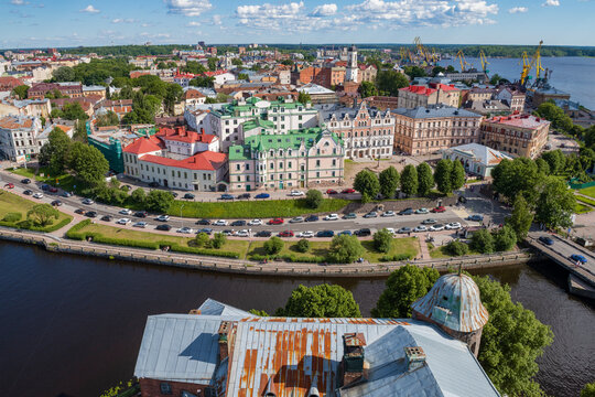 Panoramic view of the historic center of old Vyborg from St. Olaf's Tower on a sunny June day