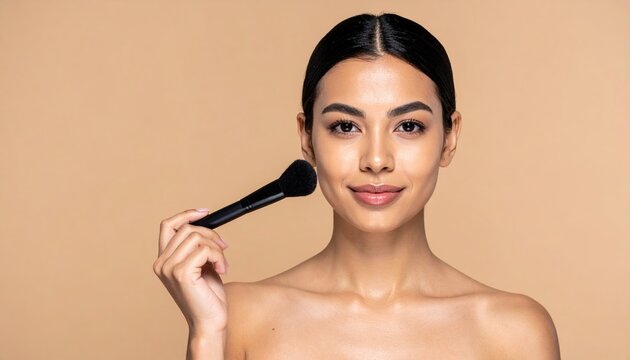 Woman holding makeup brush isolated on beige background