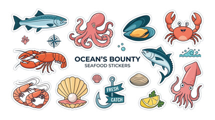 Obraz premium seafood stickers, ocean bounty, fish, crab, lobster, octopus