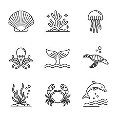Obraz premium Set of cute sea animal icons in simple line art style