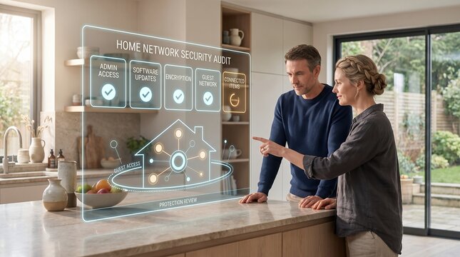 Home network security audit checklist displayed on a digital holographic glass panel for residential cybersecurity assessment in a modern home with wifi securit