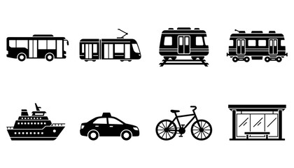 Fototapeta premium Transportation Vehicles Including Bus, Tram, Train, Ferry, Taxi, Bicycle, and Building Featuring Transport