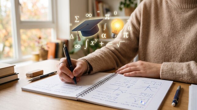 Student writing mathematical formulas in notebook with floating symbols and graduation cap, education concept for learning algebra calculus geometry and science at school or uni...