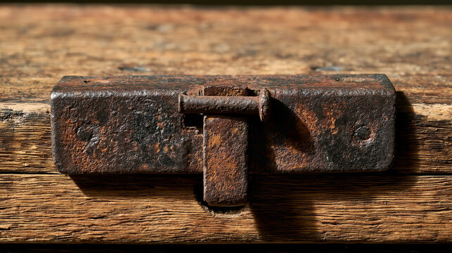 Close-up of a rusty iron hasp fastened on an old wooden crate with side lighting.