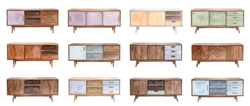 Wooden sideboard credenza furniture set mid century modern watercolor illustration collection isolated on black background for interior design home decor storage cabinet set icons clipart artwork