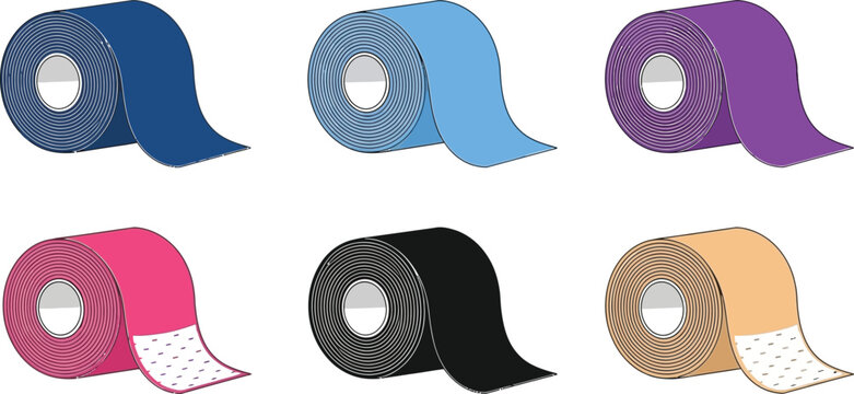 Collection of colorful kinesiology tape rolls athletic sports therapy and injury support supplies isolated on white background
