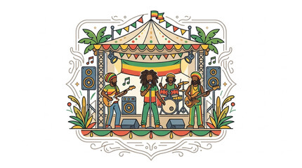 Obraz premium Colorful reggae band performing on stage illustration.