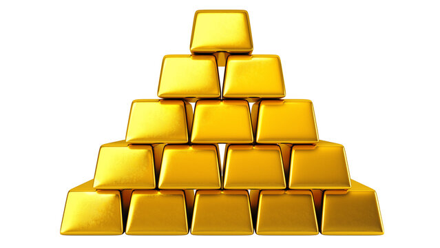 Pyramid Stack of Shiny Gold Bars Isolated on White Background