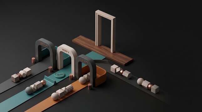 Home network security audit checklist paths illustrating secure residential gateways and digital traffic control in isometric cgi view with cybersecurity