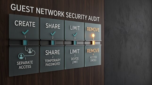 Guest network security audit checklist displaying sharing and access control management settings on a modern wall mounted digital display panel with guest wifi