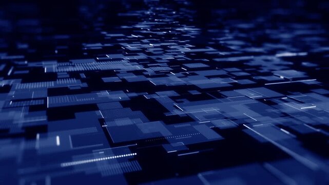 Abstract digital technology background featuring layered data grids and geometric blocks. Ideal for AI computing, big data, cloud infrastructure, cybersecurity, digital transformation, and future netw