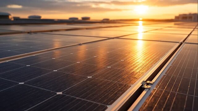 Rooftop commercial solar panel array at sunset with warm light reflection across clean energy surface modern roof