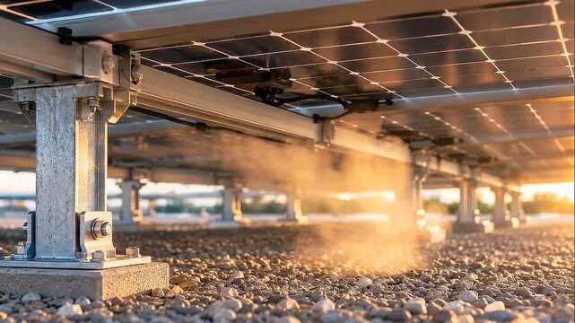Solar operations maintenance of panel mount on gravel field at sunrise with metal support structure and warm light on rocky site