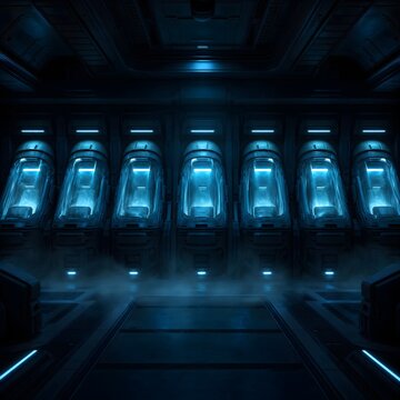 Row of futuristic cryo pods or stasis chambers glowing with blue light inside a dark science fiction space station laboratory