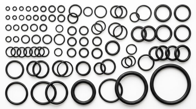 Assorted rubber O-rings for industrial sealing solutions. High-quality black gaskets and washers in various sizes for mechanical applications.