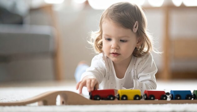 Toddler playing with wooden train set on floor