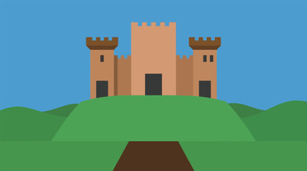 Flat vector illustration of a medieval castle on a hill with medieval, fortress © FATEMA