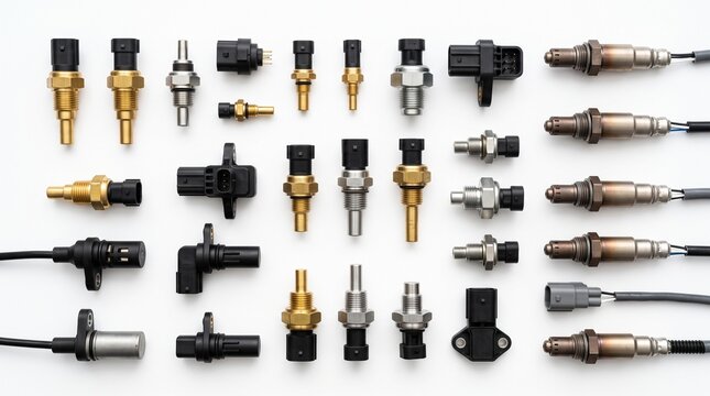 Automotive sensors and electronic car parts displayed on white. Engine control modules, ABS components, and OEM vehicle electronics for repair and...