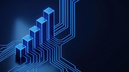 Fototapeta premium Digital Growth Chart: A luminous blue bar chart ascends alongside intricate circuit board pathways, symbolizing technological advancement and data analysis in a modern digital landscape.