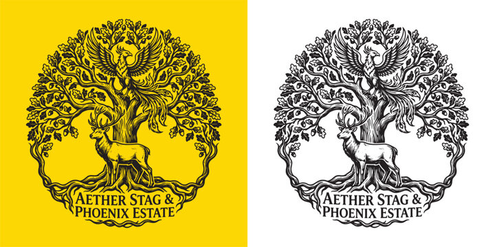 Aether Stag and Phoenix Estate Vintage Engraving Logo with Oak Tree