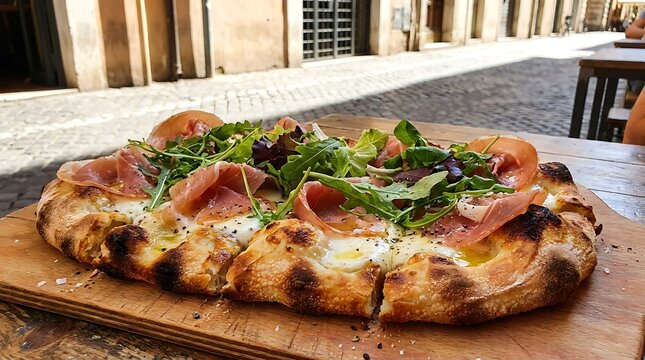 Gourmet pizza with prosciutto and arugula. Fresh Italian flatbread served on a wooden board.