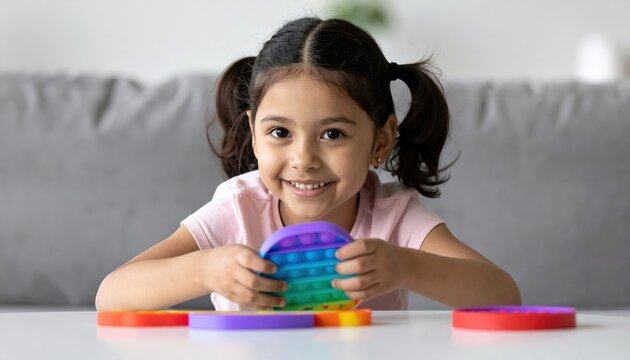 Happy kid playing with colorful pop it sensory toys