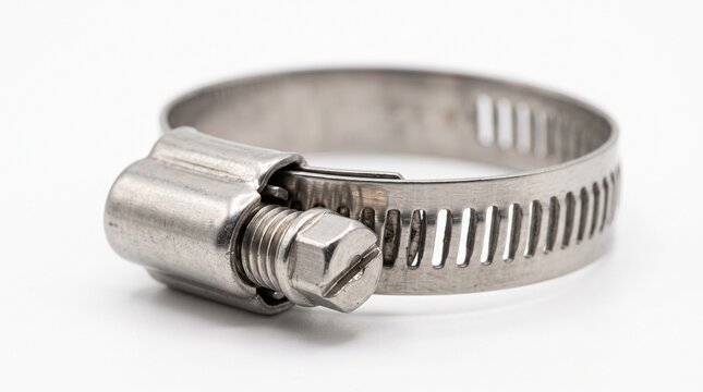 Stainless steel worm drive hose clamp tightening on pipe. Adjustable band clamp securing industrial tubing with precision screw mechanism.