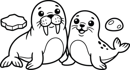 Cute cartoon walrus and seal sitting together, black and white outline vector rendering for coloring book page. © Munna_SH