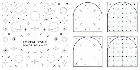 Celestial Line Art Icons And Arched Window Frames White Background © Shahabuddin
