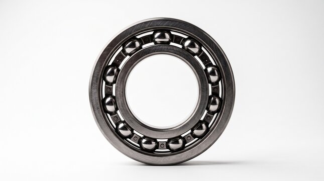 Close-up of a wheel bearing standing upright. Precision automotive part isolated on white background for mechanical use.
