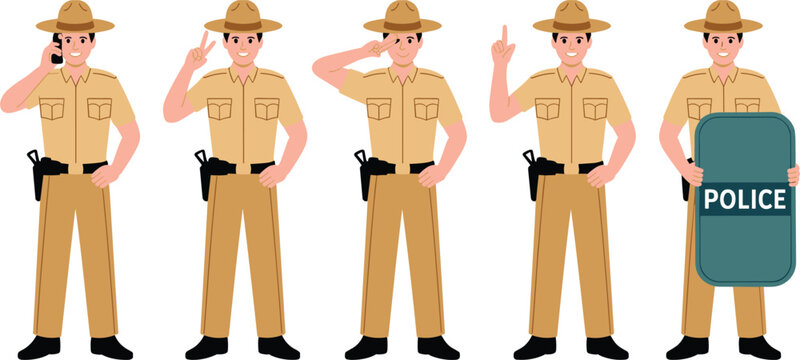 State trooper police officer vector character set, sheriff or park ranger in uniform with riot shield concept