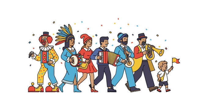Festive Parade Characters Playing Musical Instruments Illustration
