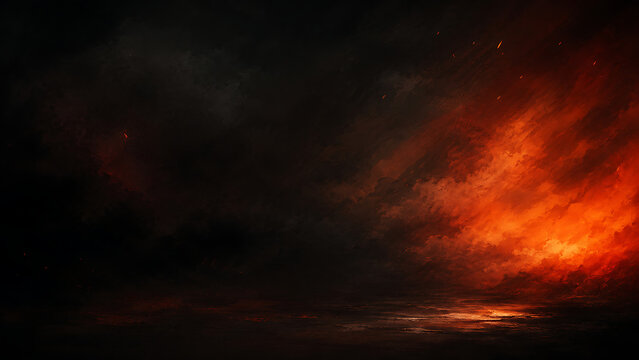 Dramatic fiery sky with intense orange and black clouds at twilight, evoking a powerful and mysterious atmosphere