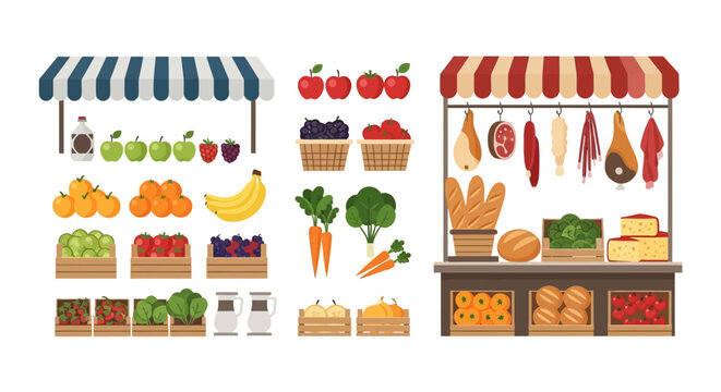 Fresh Food Market Stalls with Fruits Vegetables and Meat Products