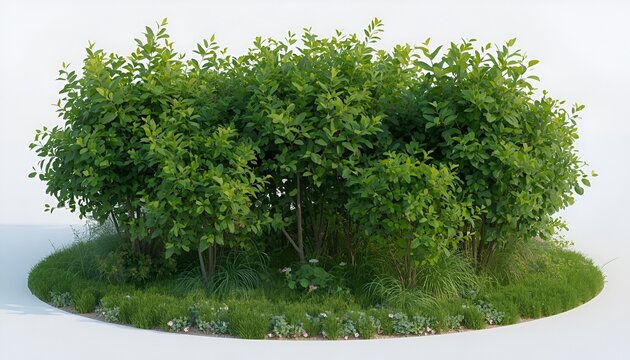 Multiple Green Leaf Bushes on Grassy Ground with Small Wildflowers, Lush Shrub Collection, 3D Render Isolated Nature Landscaping Elements