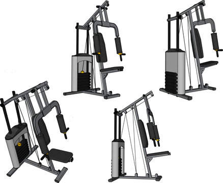 Technical rendering of a home gym workout station with weight plates, chest press, and lat pulldown pulley system displayed in multiple isometric views for CAD engineering